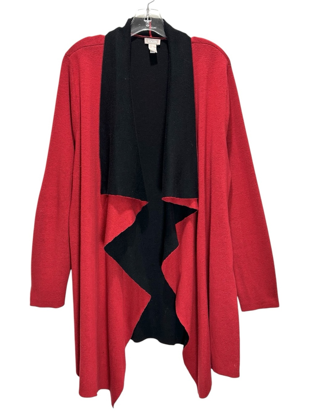 Chico’s Red & Black Color Block Draped Waterfall Open Cardigan - Extra Large